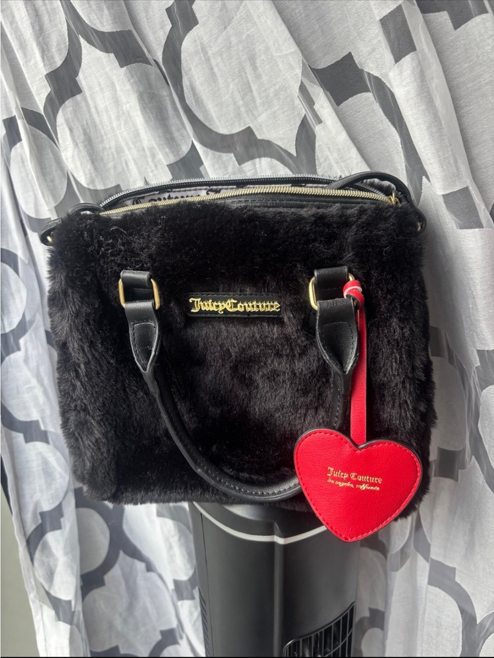 Juicy Couture Black Faux Fur Satchel with Red Heart Charm Tag